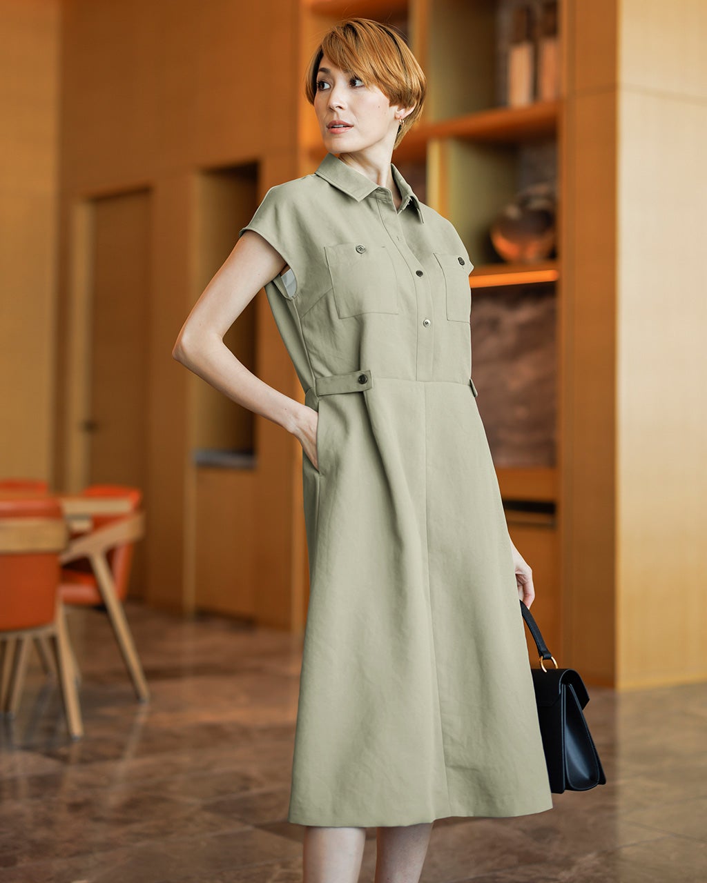 エアーツイル・フレンチ袖シャツドレス/40代50代からのレディース