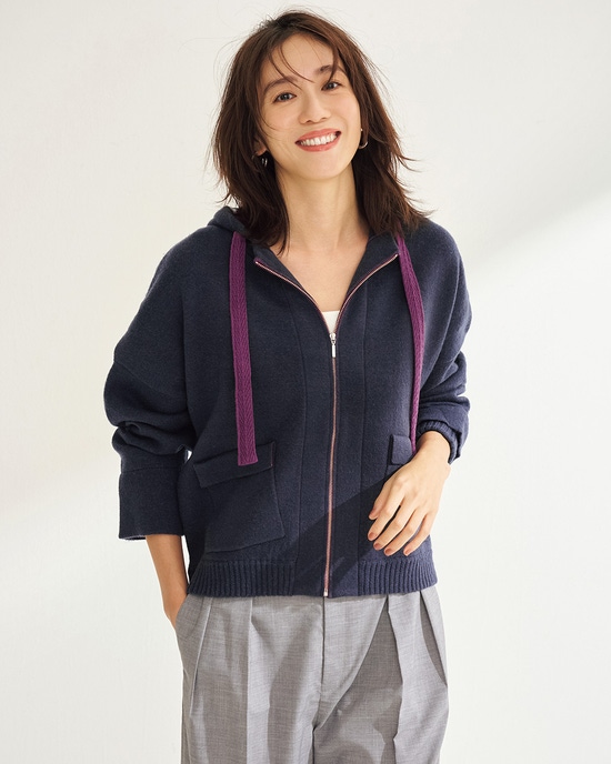 ウール混・裏配色ニットパーカー