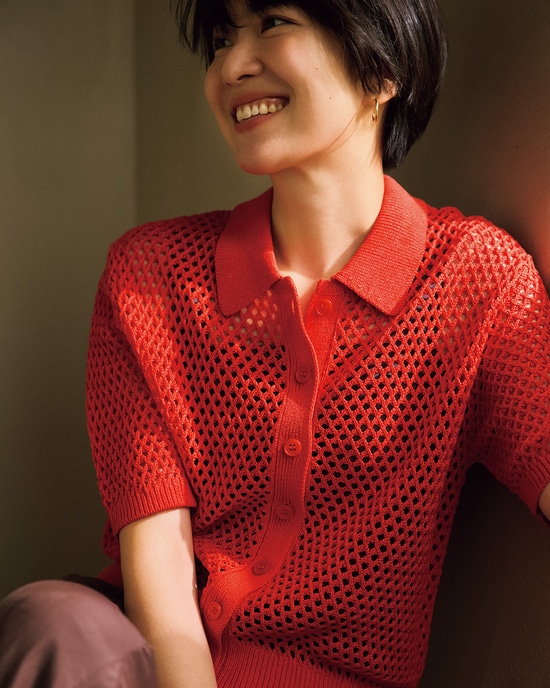 和紙ブレンド・衿付きメッシュカーディガン