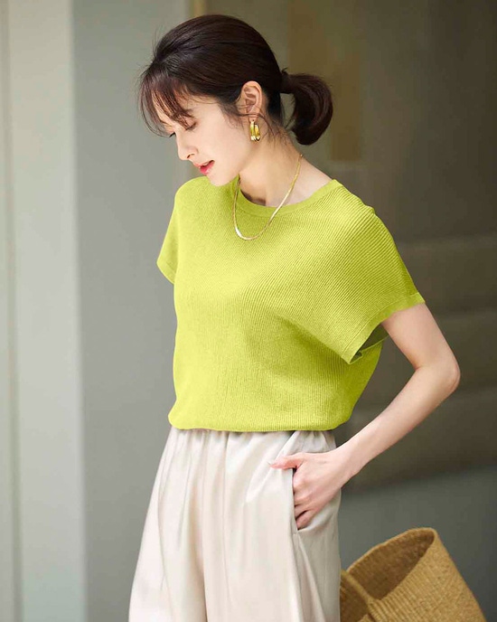 光沢リブ・フレンチ袖ニット