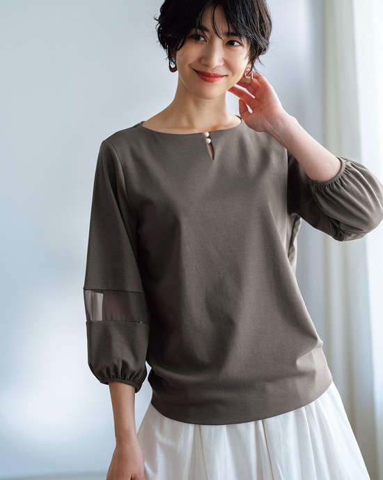 パールキーネック/7分袖・ドゥクラッセTシャツ