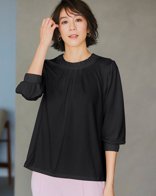 UVスラブ・クルーネックギャザーブラウス7分袖
