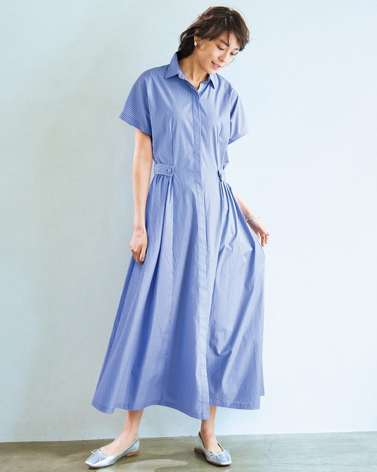 コットン混ブロード・ギャザーシャツワンピ