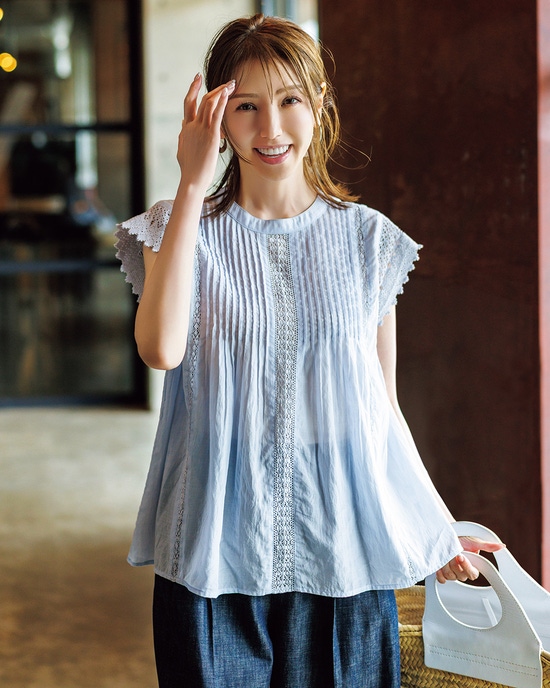 コットン混ボイル・ピンタックレースブラウス