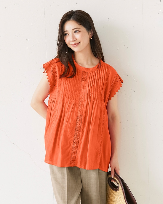 コットン混ボイル・ピンタックレースブラウス