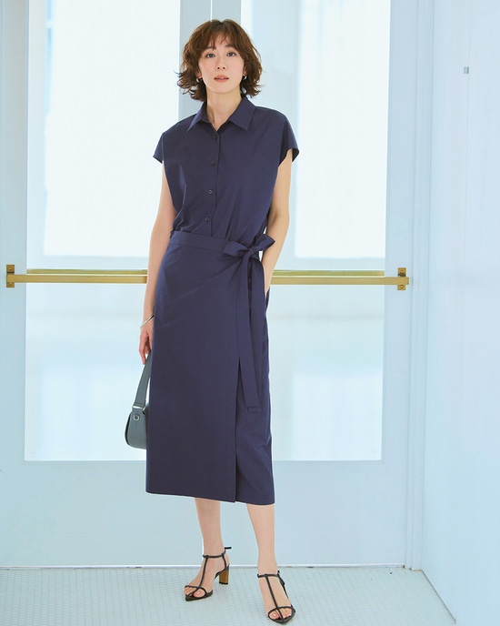 コットン混ブロード・ラップ風シャツワンピース