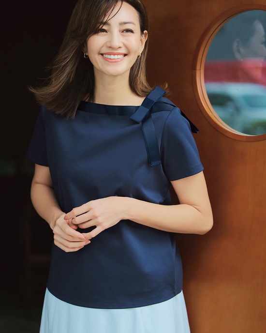 リボンデザイン・ボートネックプルオーバー