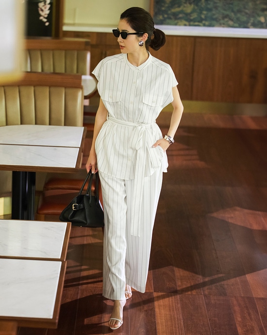 リネンタッチストライプ・ワイドパンツ