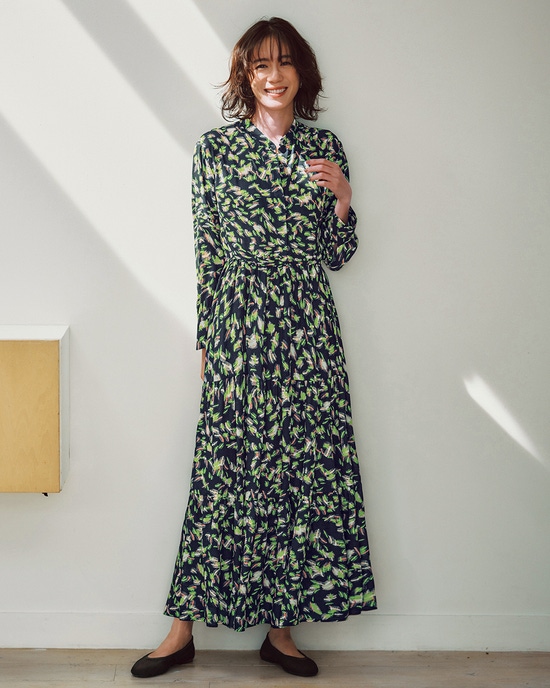 ジョーゼット・幾何柄ティアードワンピース