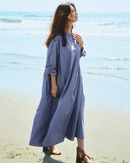 バンドカラー・コットン混シャツワンピース