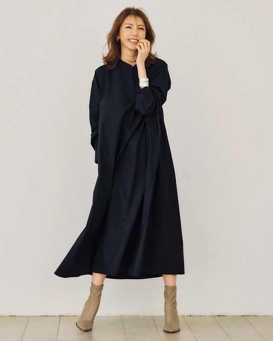 バンドカラー・コットン混シャツワンピース