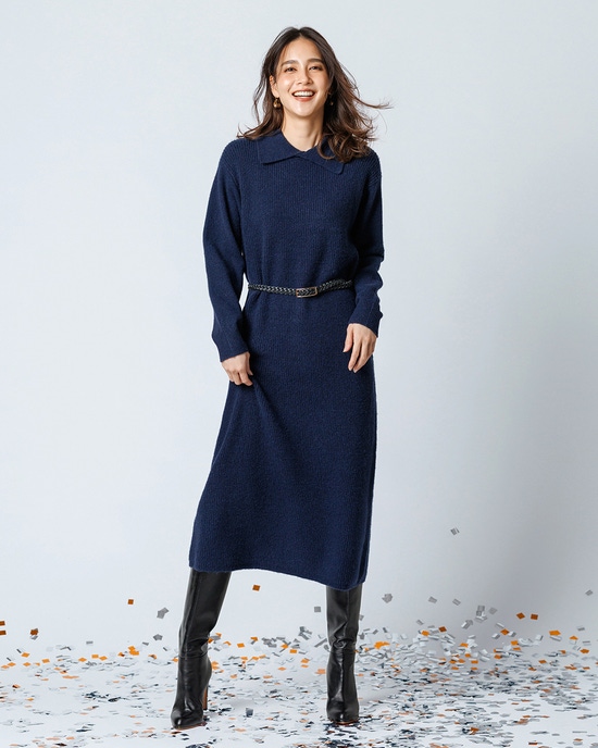 ウール混タム・ワイドカラーワンピース