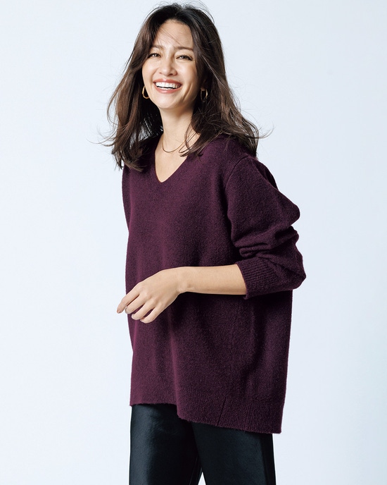 ウール混タム・Vネックロングニット