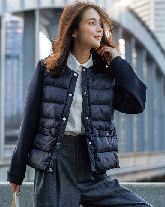 異素材エコダウン・ノーカラージャケット