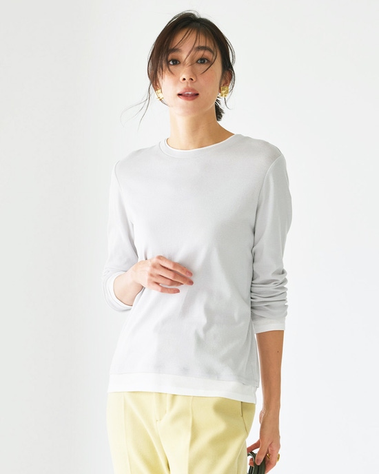 コットンガーゼ・配色クルーネック/長袖