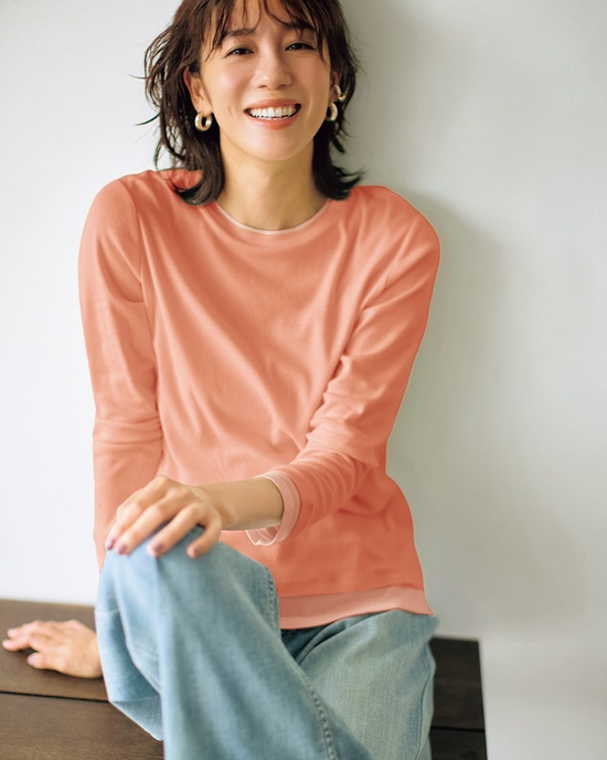 コットンガーゼ・配色クルーネック/長袖