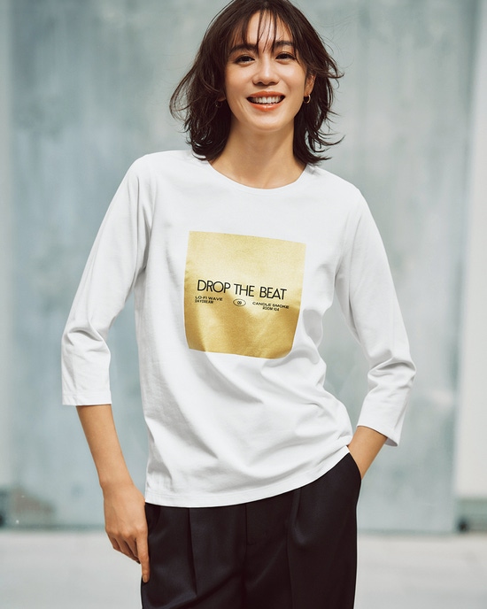 メタリックデザインTシャツ/7分袖