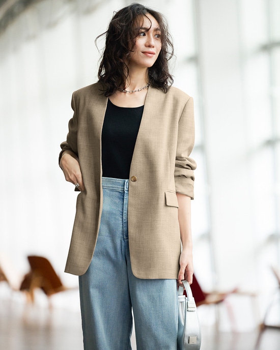 バルキーリネンタッチ・Vノーカラージャケット