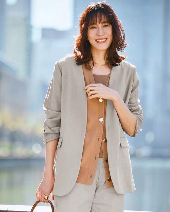 リネン混ストレッチ・ノーカラージャケット